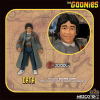 The Goonies Set of 5 1:18 Scale 3.75" 5 Points Retro Action Figure by Mezco featuring Data with boxing glove accessory.