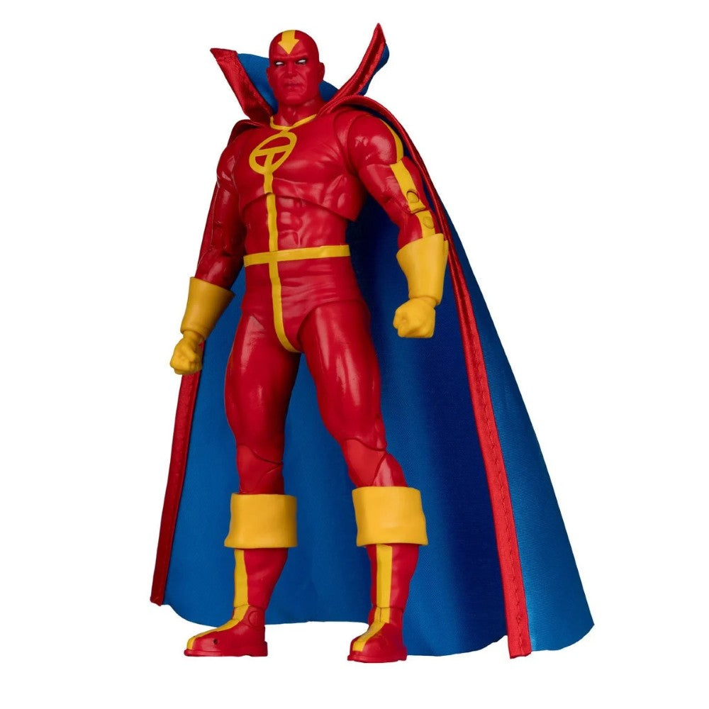 McFarlane 7-inch Red Tornado figure in red suit with yellow accents and blue cape from DC The Bronze Age collection