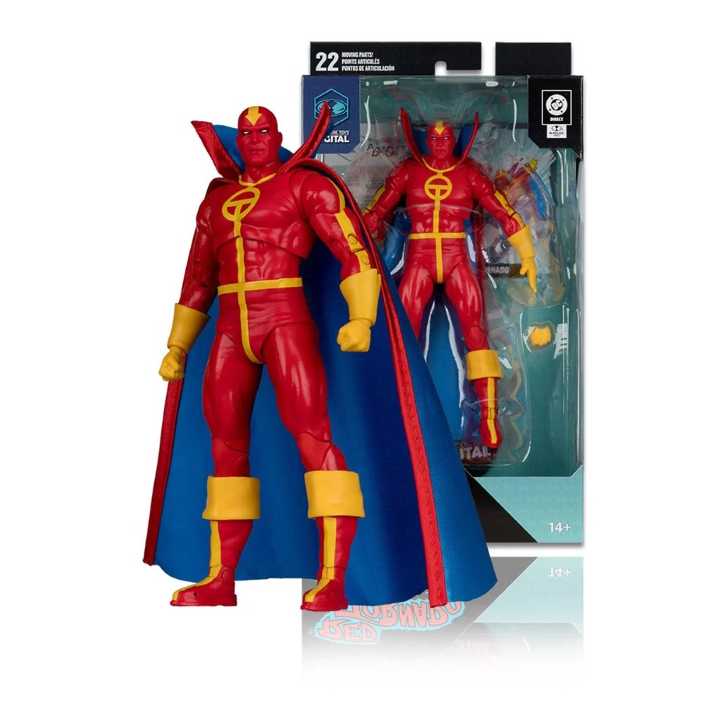 McFarlane 7-inch Red Tornado figure in red and yellow suit with blue cape and multiple interchangeable parts in packaging