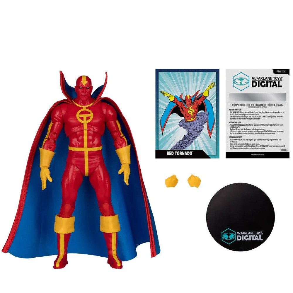McFarlane 7-inch Red Tornado figure in red and yellow suit with blue-lined cape, extra hands, base, and cards included