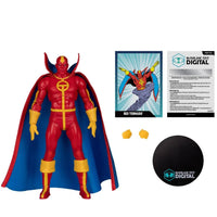 McFarlane 7-inch Red Tornado figure in red and yellow suit with blue-lined cape, extra hands, base, and cards included