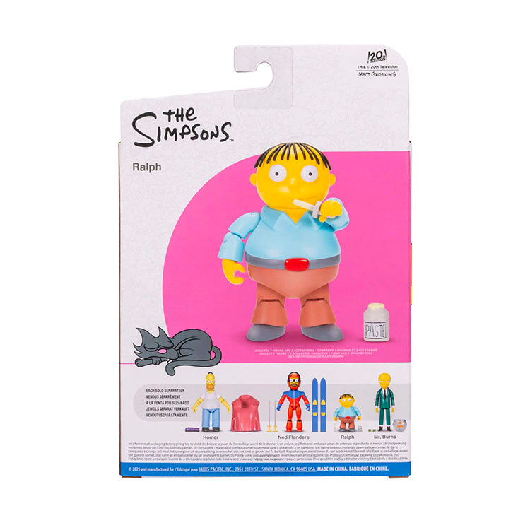 Ralph Wiggum 5-inch articulated figure with removable paste jar from Jakks Pacific Simpsons Wave 6 collection packaging back view.