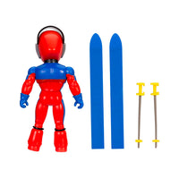 Jakks Pacific red and blue articulated action figure with detachable blue skis and yellow poles on white background