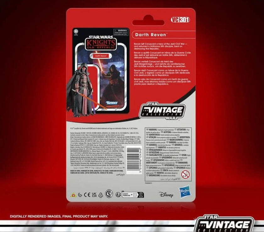 Star Wars Vintage Collection Darth Revan action figure packaging by Kenner with detailed character bio and red background.