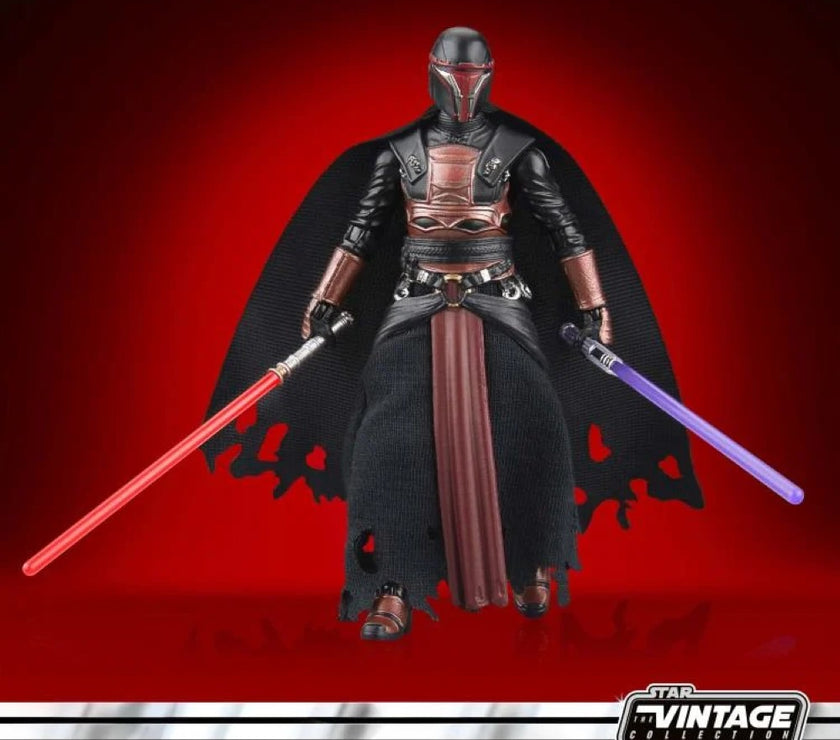 Kenner Star Wars Vintage Collection Darth Revan action figure with dual lightsabers and detailed cloak on red background