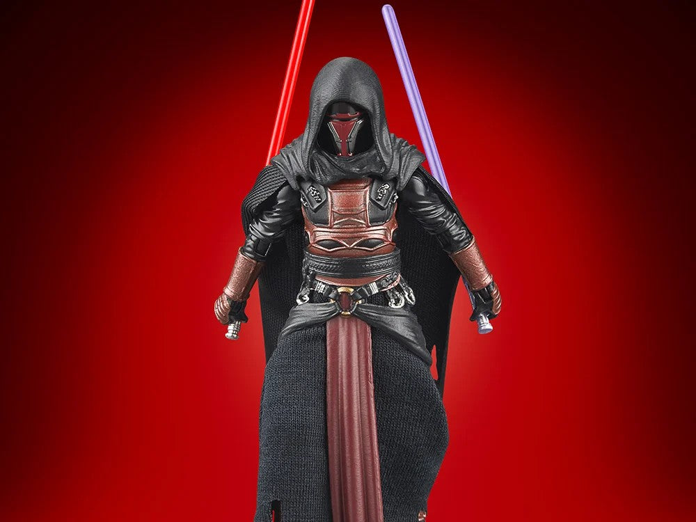 Kenner Star Wars Vintage Collection Darth Revan action figure with red and blue lightsabers on red background