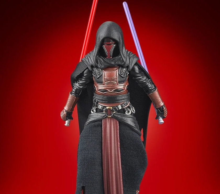 Kenner Star Wars Vintage Collection Darth Revan action figure with red and blue lightsabers on red background