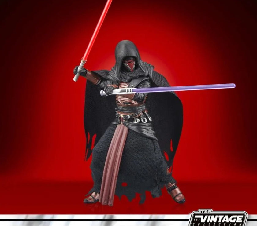 Kenner Star Wars Vintage Collection Darth Revan action figure with dual lightsabers on red background