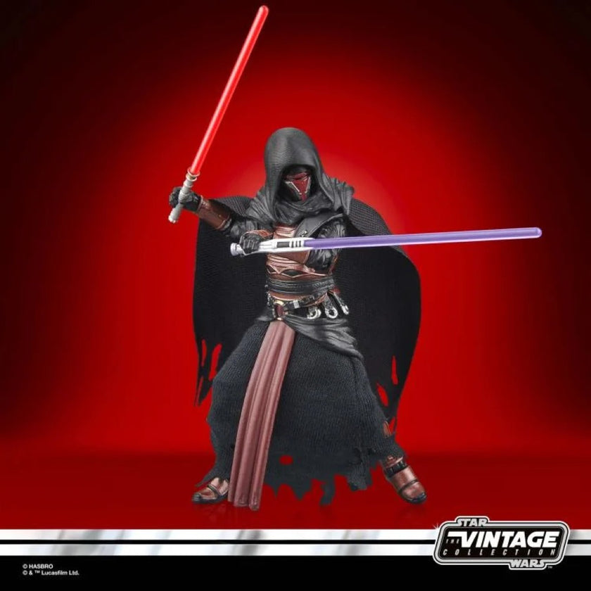 Kenner Star Wars Vintage Collection Darth Revan action figure with dual lightsabers on red background