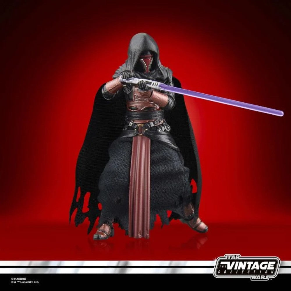 Kenner Star Wars Vintage Collection Darth Revan action figure with hood, cape, and purple lightsaber on red background
