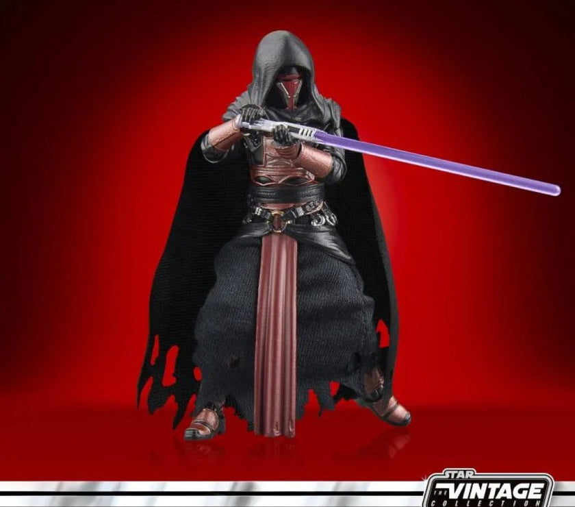 Kenner Star Wars Vintage Collection Darth Revan action figure with hood, cape, and purple lightsaber on red background