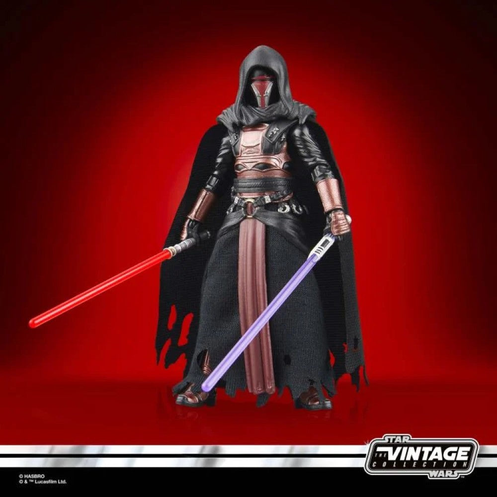 Kenner Star Wars Vintage Collection Darth Revan action figure with dual lightsabers and tattered cloak on red background