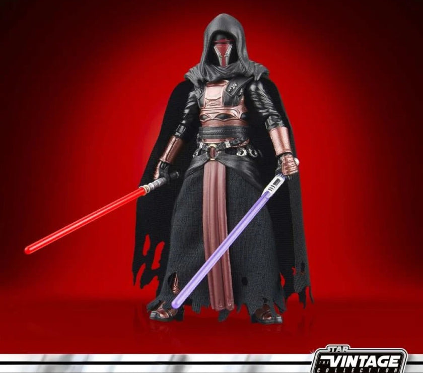 Kenner Star Wars Vintage Collection Darth Revan action figure with dual lightsabers and tattered cloak on red background
