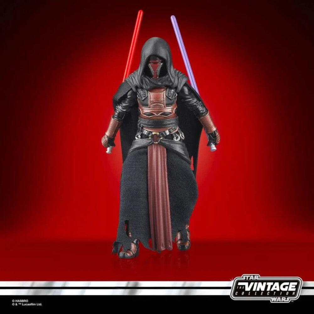 Kenner Star Wars Vintage Collection Darth Revan action figure holding red and blue lightsabers on red background