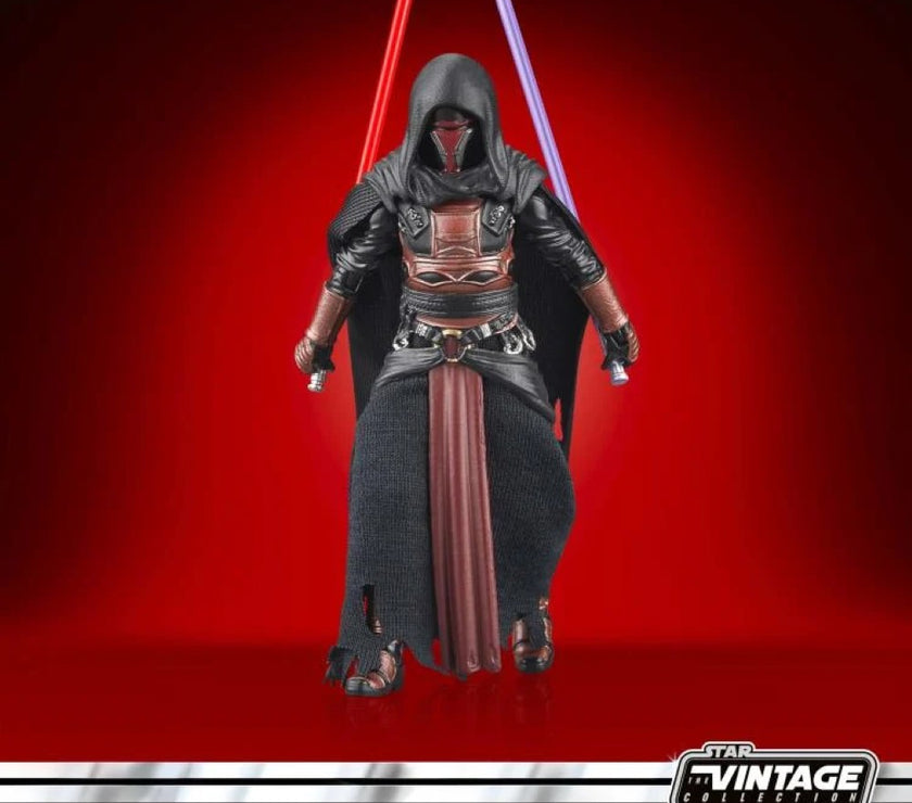 Kenner Star Wars Vintage Collection Darth Revan action figure holding red and blue lightsabers on red background