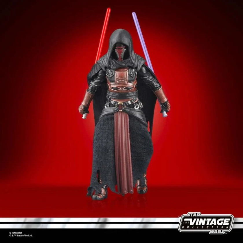 Kenner Star Wars Vintage Collection Darth Revan action figure holding red and blue lightsabers on red background