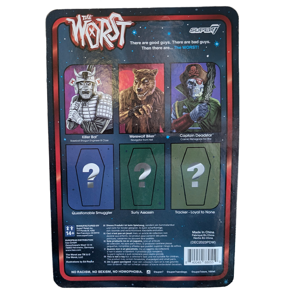 Super7 The Worst Werewolf Biker ReAction Figure (Wave 4) packaging back with character lineup and mystery figures