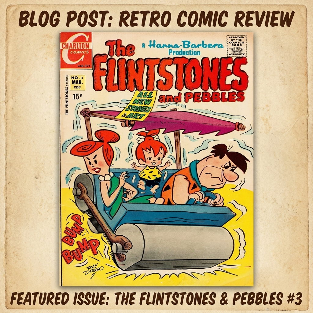 Classic comic book cover featuring The Flintstones family riding a stone roller with bright retro colors and vintage text.