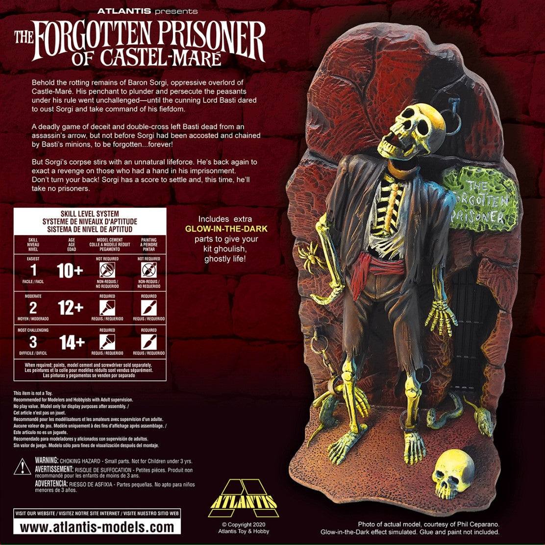 Atlantis Models Forgotten Prisoner of Castel-Mare Glow in the Dark Edition skeleton figure with glowing parts and detailed base.