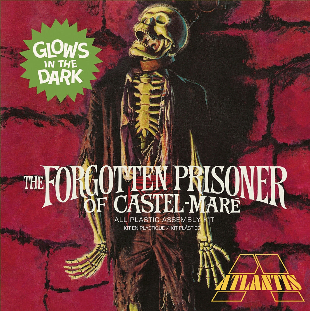 Atlantis Models Forgotten Prisoner of Castel-Mare Glow in the Dark Edition collectible model box art featuring glowing skeleton figure.