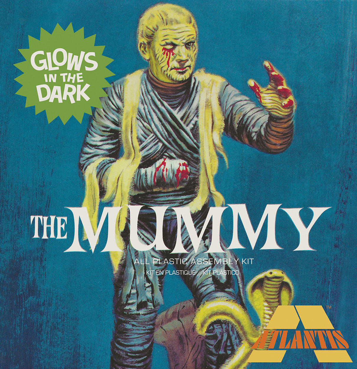 Atlantis Glow in the Dark Mummy Model Kit 1/8 Scale Aurora Tooling USA Made packaging with glowing mummy figure and vintage design.