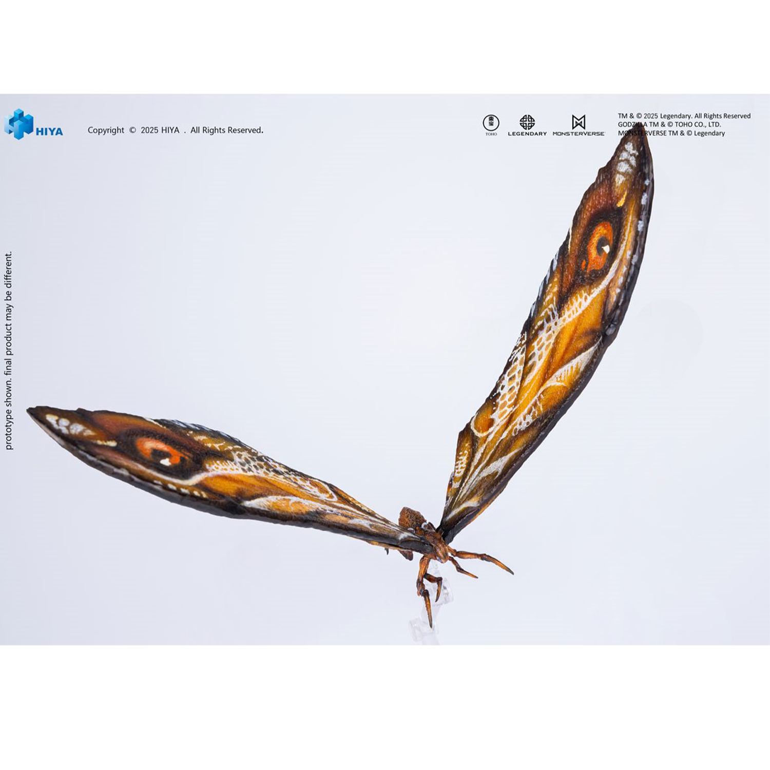 Detailed moth figure with outstretched patterned wings showing orange and brown eye-like markings on white background
