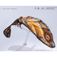 Articulated moth figure with brown and orange patterned wings displayed on clear adjustable stand against white background