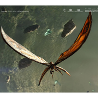 Large orange and brown winged moth with intricate patterns flying above a blurred green and rocky landscape below