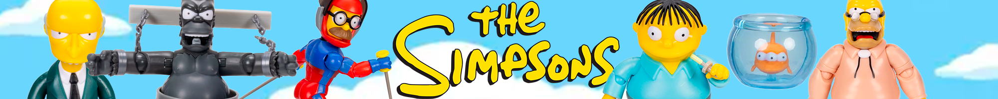 Banner featuring characters from The Simpsons including Mr. Burns, a robot, Spider-Man, Ralph Wiggum, a goldfish, and Homer Simpson on a blue sky background