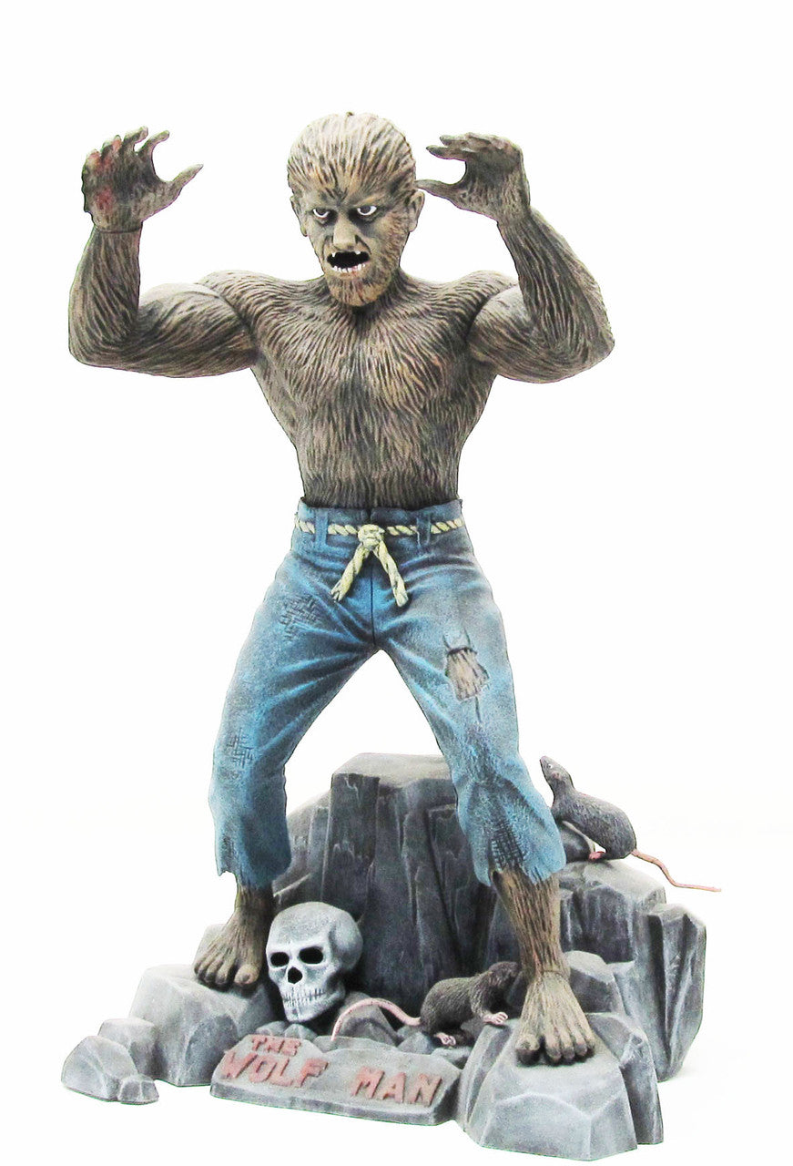 Glow in the Dark Wolfman Model Kit 1/8 Scale Atlantis Models - Made in USA posed on rocky base with skull and rats.