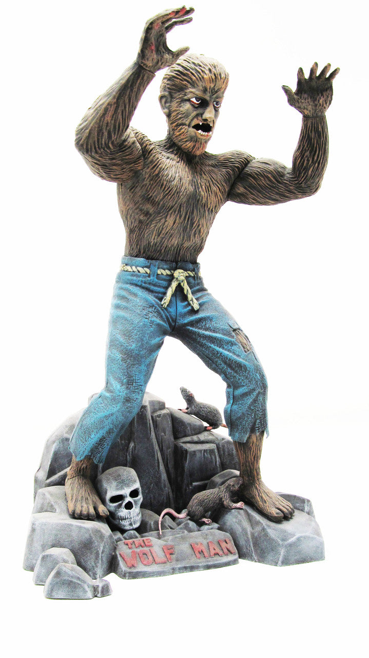 Glow in the Dark Wolfman Model Kit 1/8 Scale Atlantis Models - Made in USA, detailed collectible figure on rocky base with skull and rats.