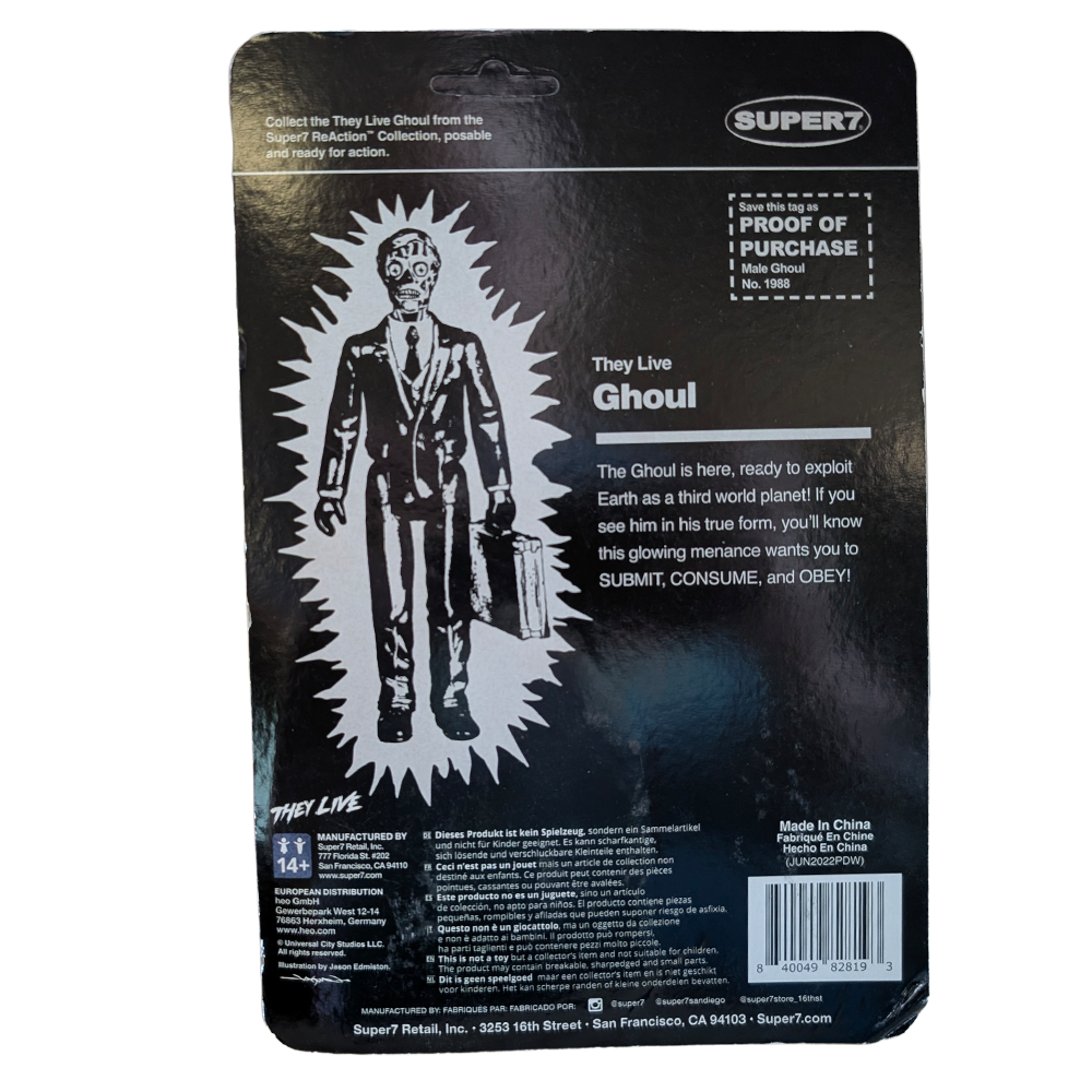 Back of Super7 They Live Ghoul action figure packaging with character artwork and descriptive text