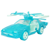 Translucent turquoise sports car with gullwing doors and raised rear equipment
