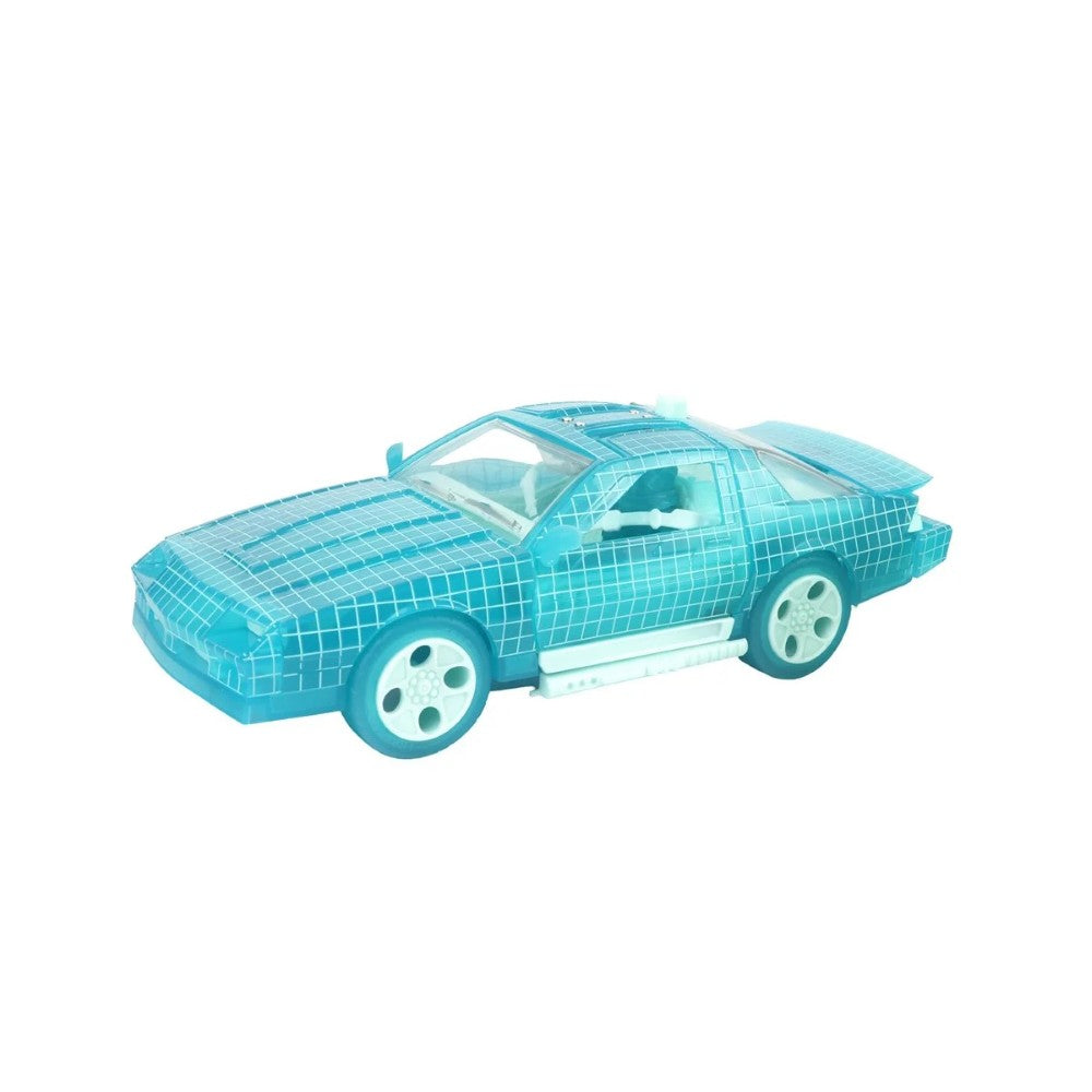 Turquoise wireframe sports car with white wheels on a white background