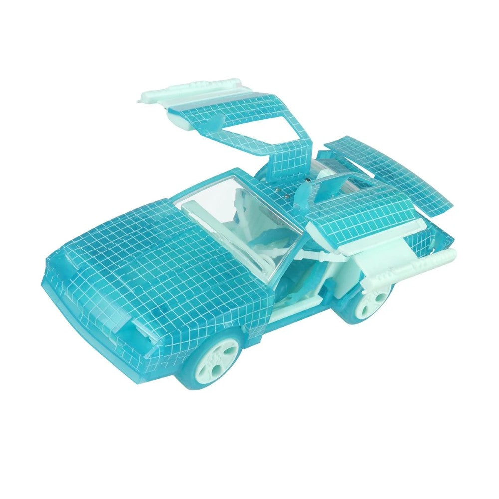 Turquoise toy car with grid-patterned body, gullwing doors, and open hood on a white background