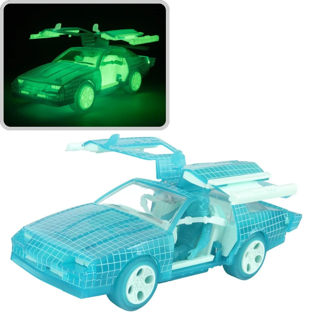 Turquoise wireframe style sports car with gull wing doors and a green glowing inset view