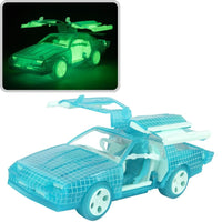 Turquoise wireframe style sports car with gull wing doors and a green glowing inset view