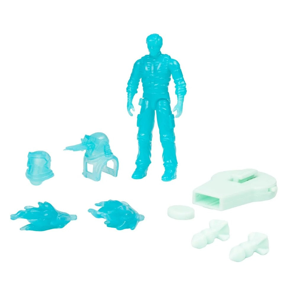 Teal action figure with helmet, equipment, weapon, and assorted accessories on a white background