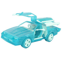 Turquoise futuristic toy car with gullwing doors and a grid-patterned body