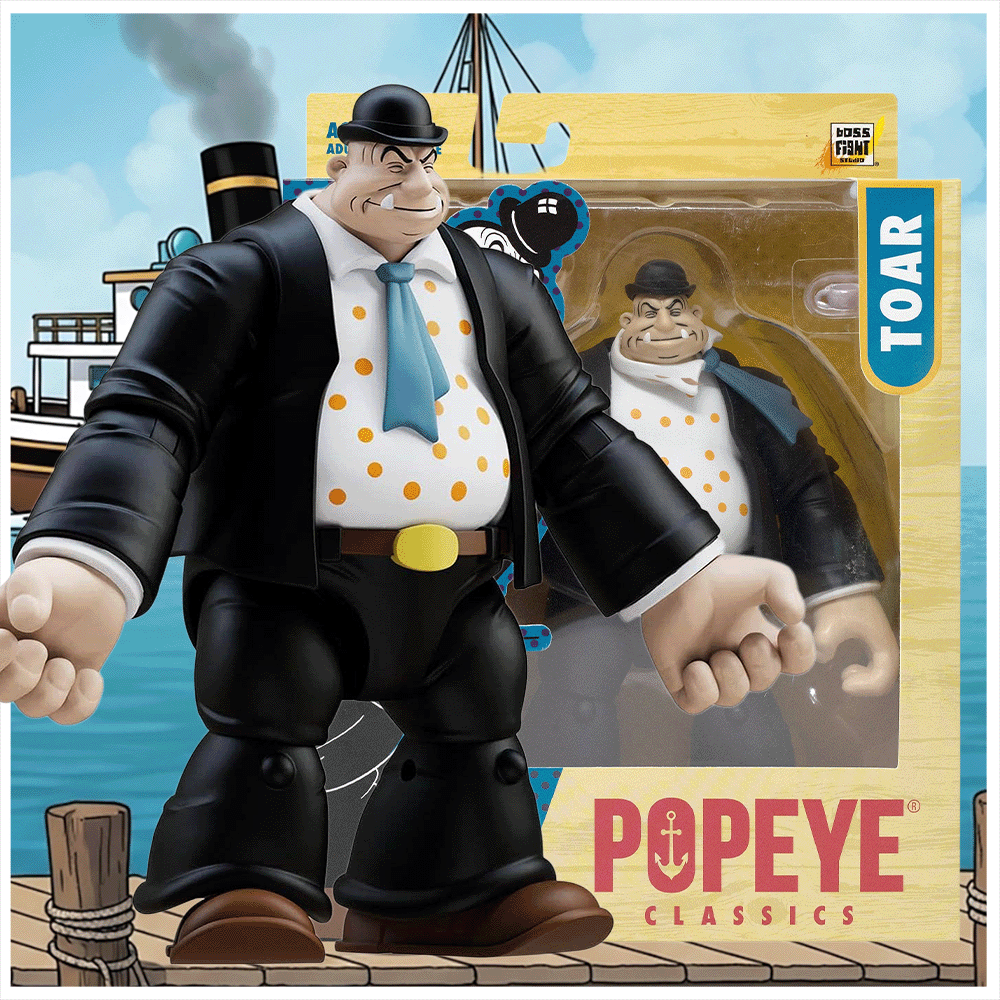 Boss Fight Studio Llc Toar Popeye Classics figure in black suit, blue tie, and bowler hat holding teacup with packaging background