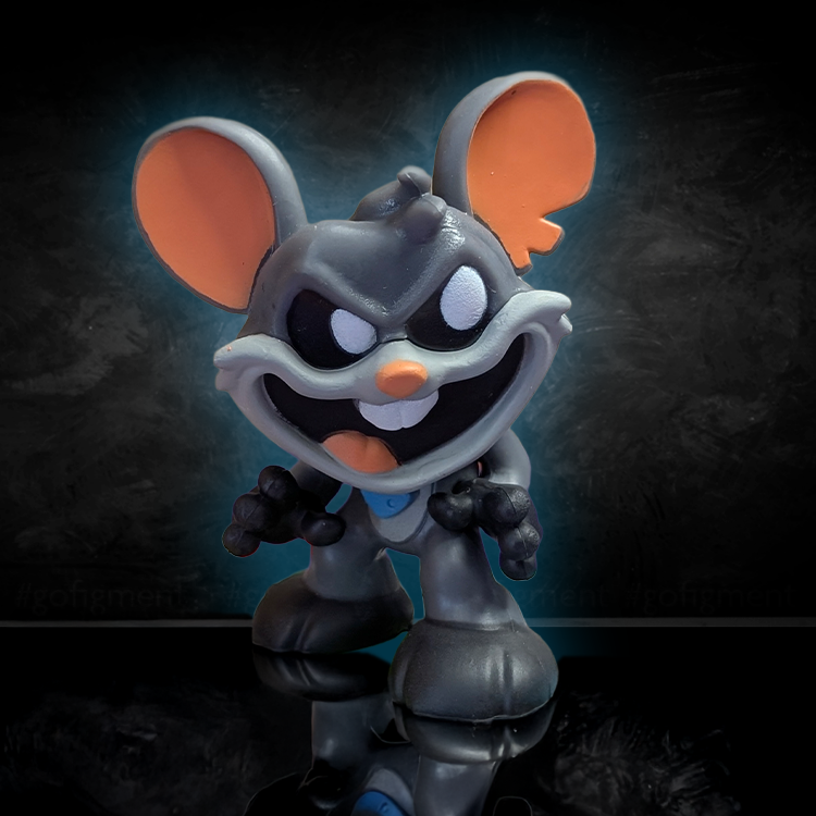 Go Figment Nightmare Critters Series 4 gray mouse figure with orange ears and mischievous grin on dark background