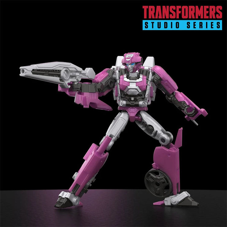Hasbro Transformers Studio Series Deluxe Elita-1 action figure in dynamic pose with weapon on black background