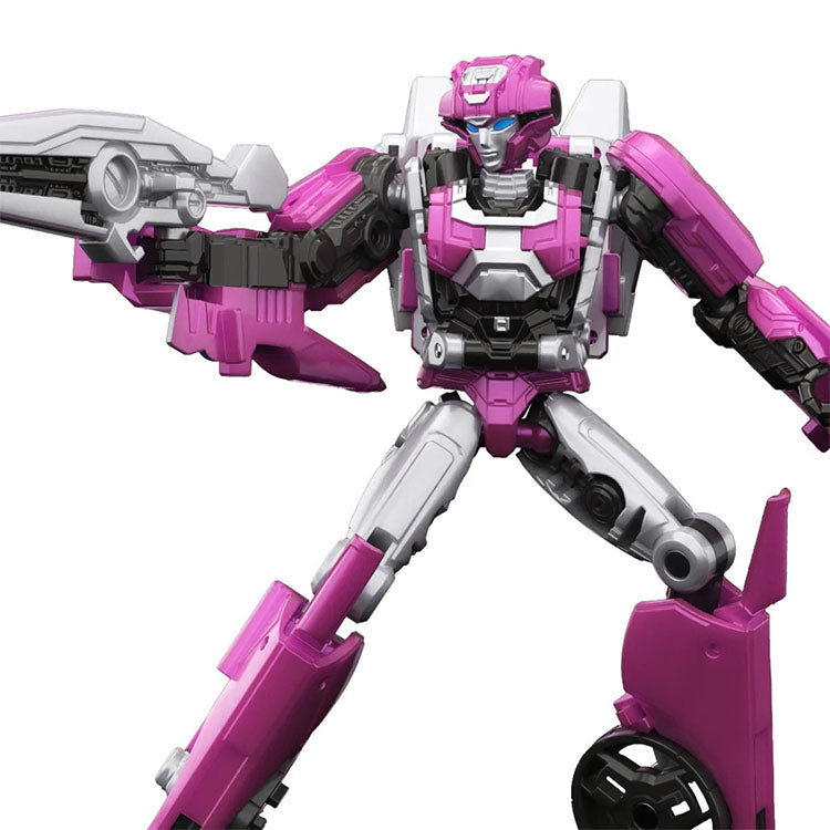 Hasbro Transformers Studio Series Deluxe Elita-1 action figure in dynamic pose with pink and silver Cybertronian design
