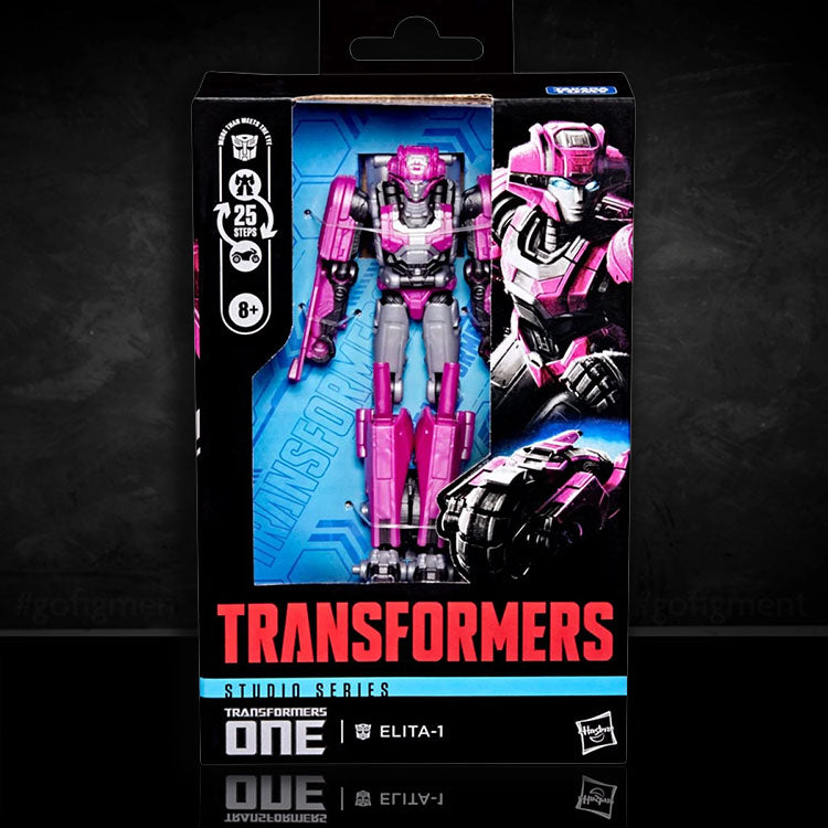 Hasbro Transformers Studio Series Deluxe Elita-1 action figure in purple and gray in collector packaging