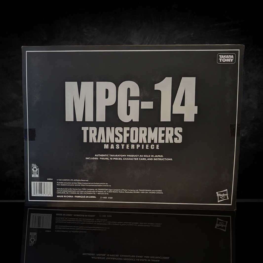 Hasbro Collectibles - Transformers - Takara Tomy - MPG-14 Godbomber Converting Action Figure packaging box in black and white design