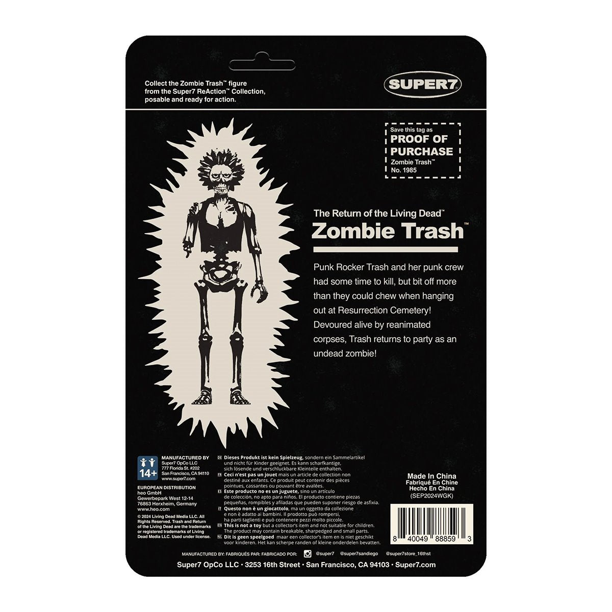 Return of the Living Dead Zombie Trash (Monster Glow in the Dark) 3 3/4-Inch ReAction Figure by Super7 packaging back