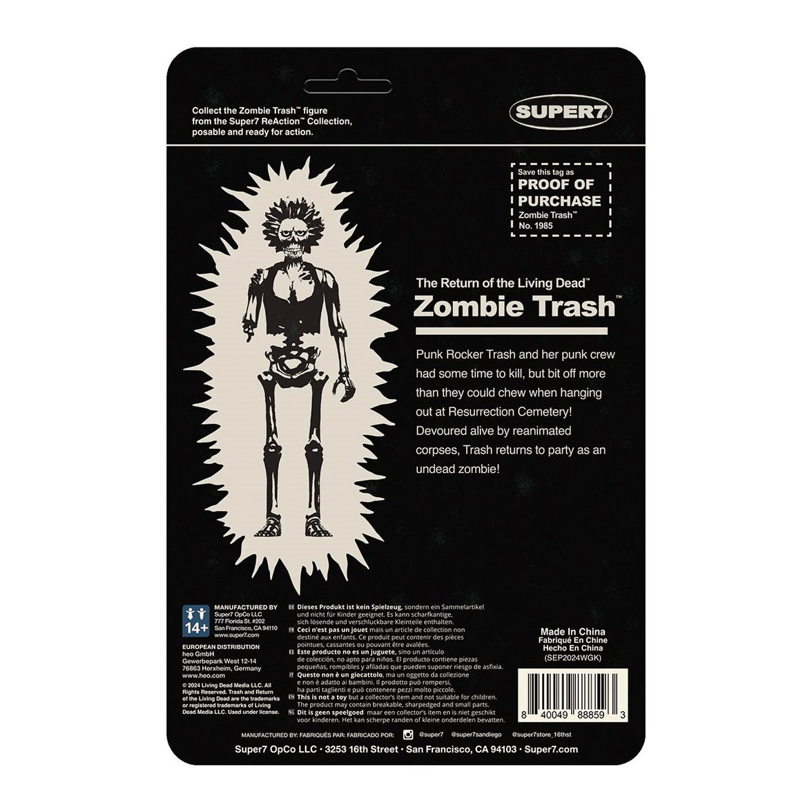 Return of the Living Dead Zombie Trash (Monster Glow in the Dark) 3 3/4-Inch ReAction Figure by Super7 packaging back