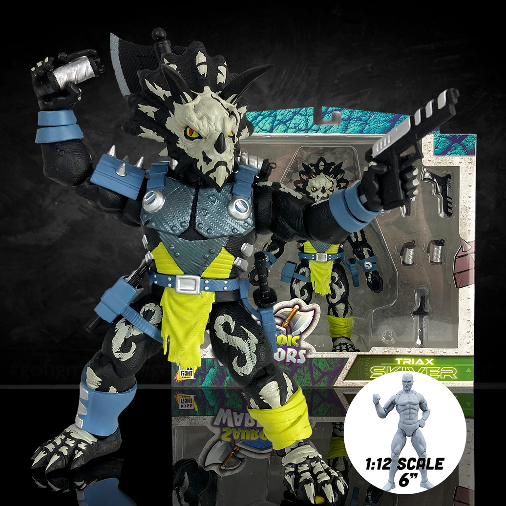 Triax Skiver Night Lands Edition action figure, a 1/12 scale Styracosaurus-inspired warrior in glow-in-the-dark green and black camo. Part of the Saurozoic Warriors collection, featuring a halberd axe, blaster pistols, and smoke grenades.
