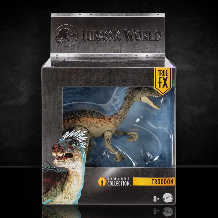 Jurassic World Troodon action figure in box from Mattel Hammond Collection with articulated jaw and tail