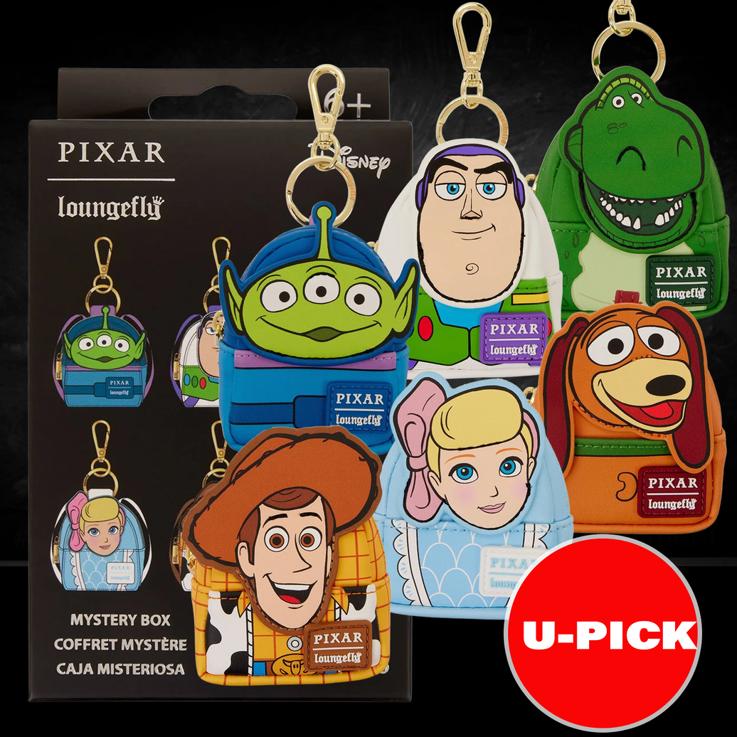Toy Story 30th Anniversary Cosplay Mini-Backpack U-PICK Bag Charms By Loungefly featuring Pixar characters Woody, Buzz, Alien, Rex, and Bo Peep